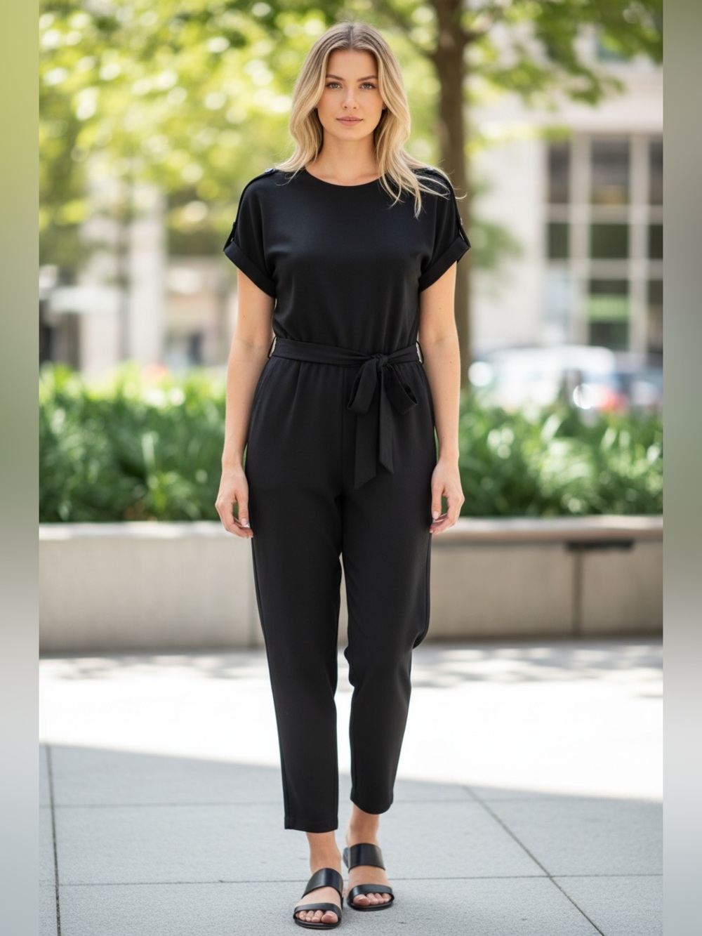Banana Republic Black Short-Sleeve Tie-Waist Jumpsuit